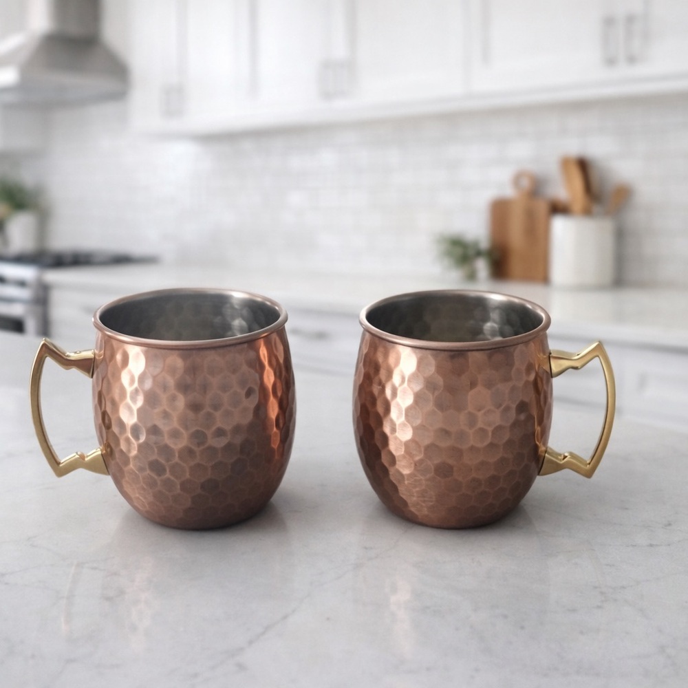 Hammered Copper Mugs with Gold Handles